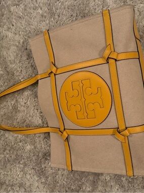 Tory Burch Beige Canvas Tote with Yellow Leather Trim